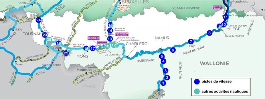 Carte des pistes de vitesse sur les voies d'eau wallonne