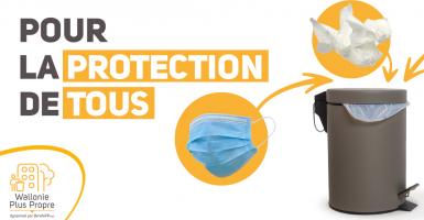 Visuel de la campagne : Pour la protection de tous, mettez vos masques, mouchoirs et gants usagés chez vous, dans votre poubelle ménagère.